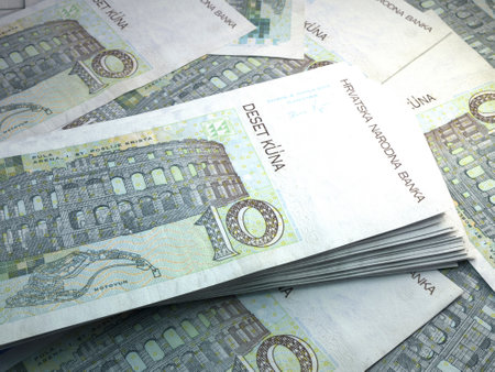 Money of Croatia. Croatian kuna bills. HRK banknotes. 10 euro. Business, finance, news background. 3d illustration.の写真素材