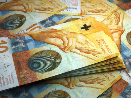 Money of Switzerland. Swiss franc bills. CHF banknotes. 10 francs. Business, finance, news background. 3d illustration.の写真素材