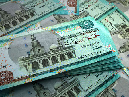 Money of Egypt. Egyptian pound bills. EGP banknotes. 5 pounds. Business, finance, news background.の写真素材