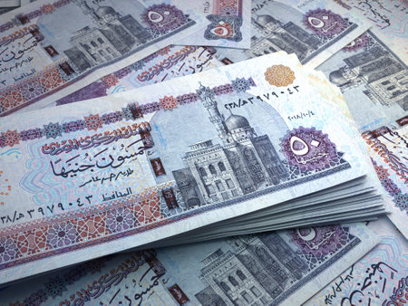 Money of Egypt. Egyptian pound bills. EGP banknotes. 50 pounds. Business, finance, news background.の写真素材