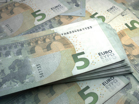 Money of European Union. European euro bills. EUR banknotes. 5 euro. Business, finance, news background.の写真素材