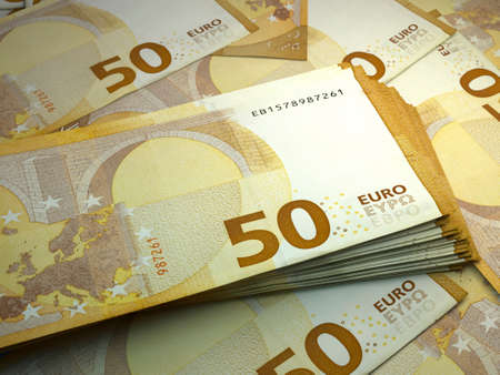 Money of European Union. European euro bills. EUR banknotes. 50 euro. Business, finance, news background.の写真素材