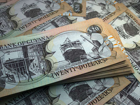 Money of Guyana. Guyanese dollar bills. GYD banknotes. 20 dollars. Business, finance, news background.の写真素材