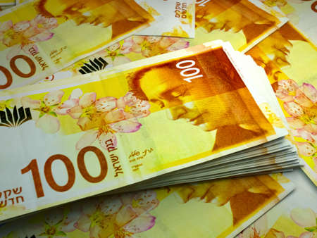 Money of Israel. Israeli new shekel bills. ILS banknotes. 100 shekels. Business, finance, news background.の写真素材