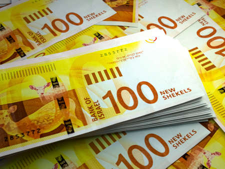 Money of Israel. Israeli new shekel bills. ILS banknotes. 100 shekels. Business, finance, news background.の写真素材