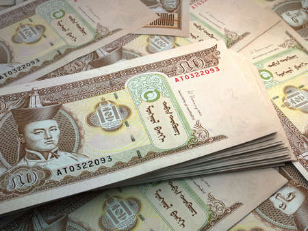 Money of Mongolia. Mongolian tugrik bills. MNT banknotes. 50 togrog. Business, finance, news background.の写真素材