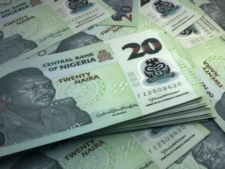 Money of Nigeria. Nigerian naira bills. NGN banknotes. 20 polymer. Business, finance, news background.の写真素材