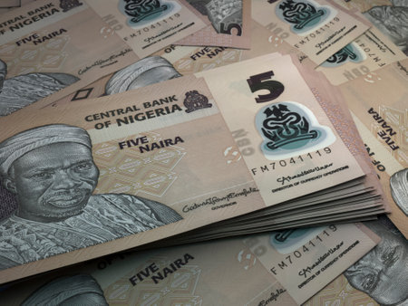 Money of Nigeria. Nigerian naira bills. NGN banknotes. 5 polymer. Business, finance, news background.の写真素材