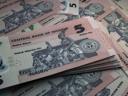 Money of Nigeria. Nigerian naira bills. NGN banknotes. 5 polymer. Business, finance, news background.の写真素材