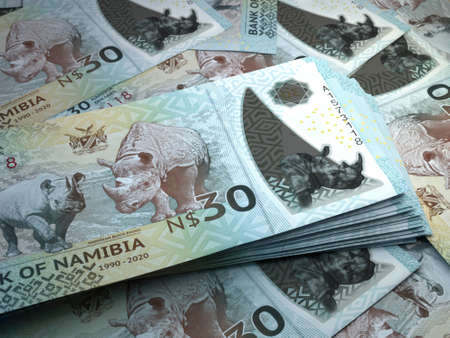 Money of Namibia. Namibian dollar bills. NAD banknotes. 30 dollars. Business, finance, news background.の写真素材