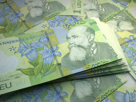 Money of Romania. Romanian leu bills. RON banknotes. 1 lei. Business, finance, news background.