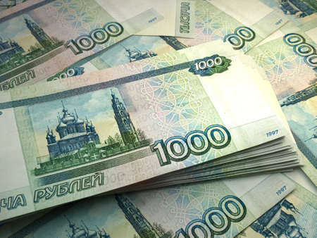 Money of Russia. Russian ruble bills. RUB banknotes. 1000 rubles. Business, finance, news background.の写真素材