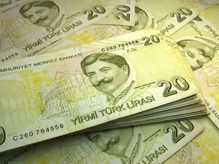 Money of Turkey. Turkish lira bills. TRY banknotes. 20 liralar. Business, finance, news background.の写真素材