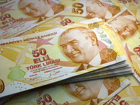 Money of Turkey. Turkish lira bills. TRY banknotes. 50 liralar. Business, finance, news background.の写真素材