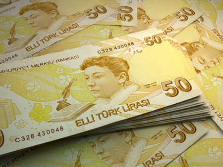 Money of Turkey. Turkish lira bills. TRY banknotes. 50 liralar. Business, finance, news background.