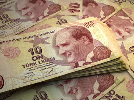 Money of Turkey. Turkish lira bills. TRY banknotes. 10 liralar. Business, finance, news background.の写真素材