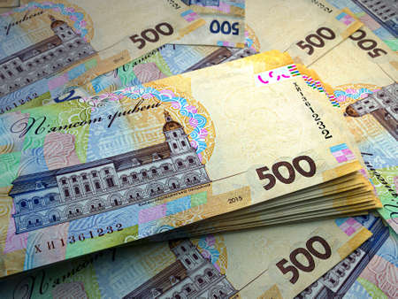 Money of Ukraine. Ukrainian hryvnia bills. UAH banknotes. 500 hryvni. Business, finance, news background.の写真素材