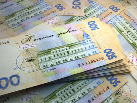 Money of Ukraine. Ukrainian hryvnia bills. UAH banknotes. 500 hryvni. Business, finance, news background.の写真素材