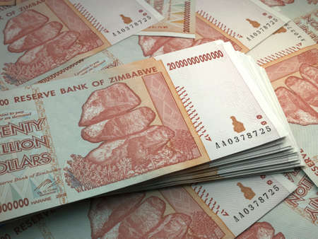 Money of Zimbabwe. Zimbabwean dollar bills. ZWL banknotes. 20 trillions dollars. Business, finance, news background.の写真素材
