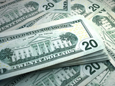 Money of United States. United States dollar bills. USD banknotes. 20 dollars. Business, finance, news background.の写真素材