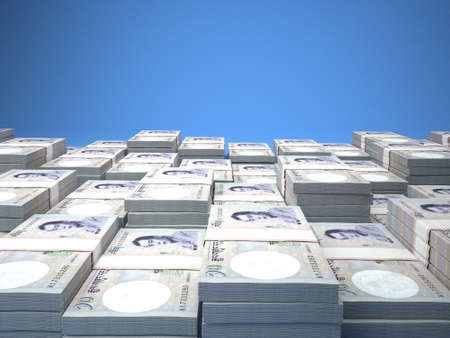 Money of Bhutan. Ngultrum bills. BTN banknotes. 10 Dzongkha. Business, finance, news background. 3d illustration.の写真素材