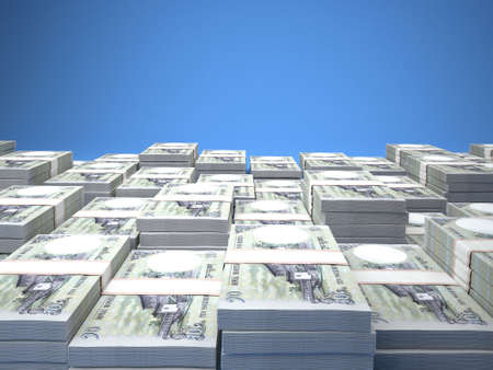 Money of Bhutan. Ngultrum bills. BTN banknotes. 10 Dzongkha. Business, finance, news background. 3d illustration.の写真素材