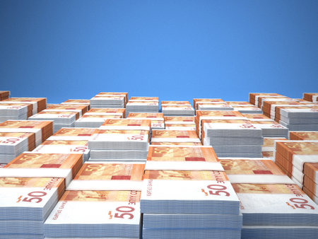 Money of Kyrgyzstan. Som bills. KGS banknotes. 50 Kirghiz. Business, finance, news background. 3d illustration.の写真素材