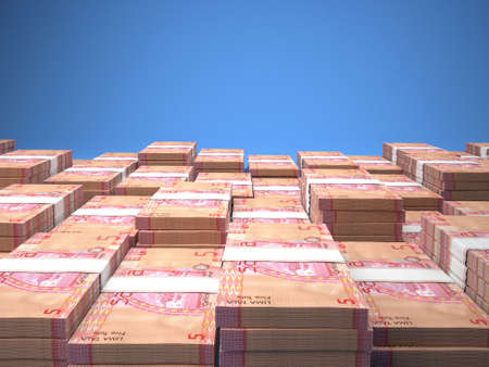 Money of Samoa. Tala bills. WST banknotes. 5 Samoan. Business, finance, news background. 3d illustration.の写真素材