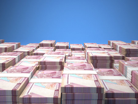 Money of Uzbekistan. Som bills. UZS banknotes. 2000 Uzbek. Business, finance, news background. 3d illustration.の写真素材
