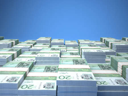 Money of Serbia. Serbian dinar bills. RSD banknotes. 20 dinari. Business, finance, news background. 3d illustration.の写真素材