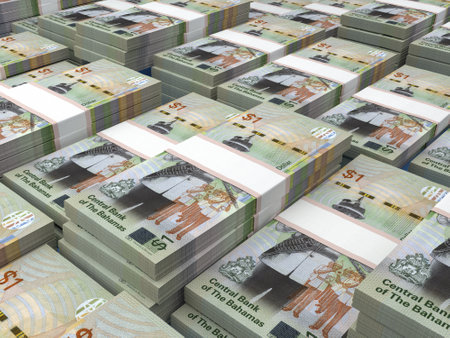 Money of Bahamas. Bahamas dollar bills. BSD banknotes. 20 dollars. Business, finance, news background. 3d illustration.の写真素材