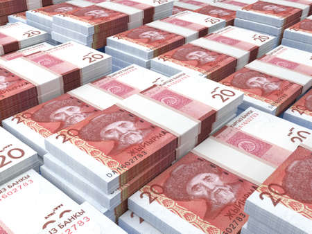 Money of Kyrgyzstan. Som bills. KGS banknotes. 20 Kirghiz. Business, finance, news background. 3d illustration.の写真素材