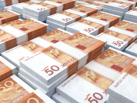 Money of Kyrgyzstan. Som bills. KGS banknotes. 50 Kirghiz. Business, finance, news background. 3d illustration.の写真素材