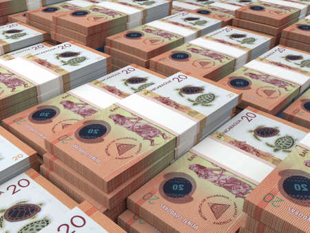 Money of Nicaragua. Cordoba bills. NIO banknotes. 20 Spanish. Business, finance, news background. 3d illustration.の写真素材