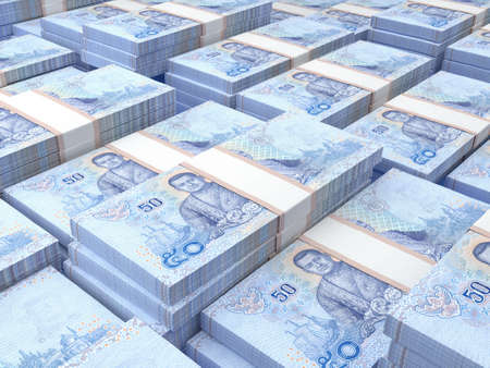 Money of Thailand. Thai baht bills. THB banknotes. 50 bahts. Business, finance, news background. 3d illustration.の写真素材