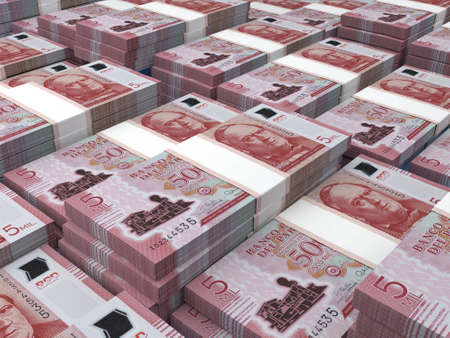 Money of Paraguay. Guarani bills. PYG banknotes. 5000 Spanish. Business, finance, news background. 3d illustration.の写真素材