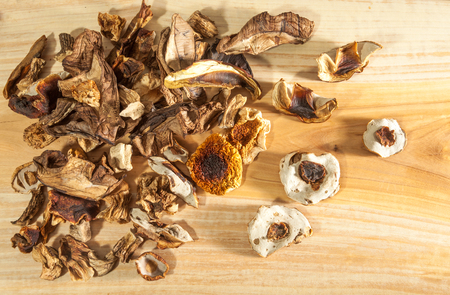 Dried mushrooms on the wooden tableの写真素材