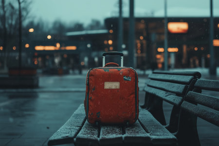 Amidst a chilly evening chill, an orange suitcase sits alone on a bench, contrasted against a soft, damp glow of nearby lights. The urban plaza is quiet, evoking a sense of longing and anticipation for travel.の素材