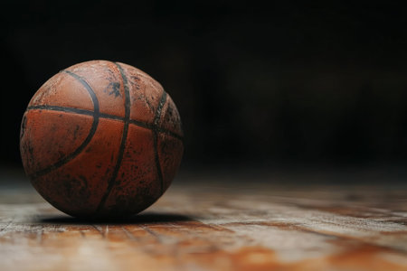 A well-worn basketball lies off-center on a wooden court, its surface marked by many games. The dim lighting casts soft shadows, highlighting the texture of the ball and the smoothness of the floor, suggesting a moment between matches.の素材