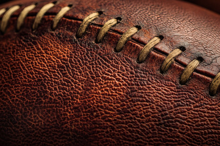 The intricate details of a vintage football are on full display, showing the rich, textured leather and well-defined stitching. This close-up captures the essence of sportsmanship, nostalgia, and the craft behind each game.の素材