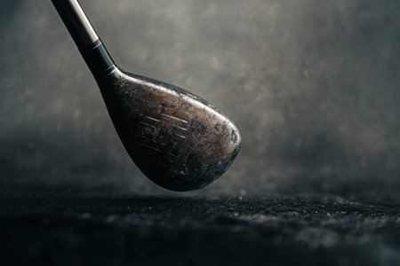 Close-up of a worn golf club poised above the ground, ready to strike. The atmosphere is thick with anticipation as dust particles dance in the light, emphasizing the intensity of this quiet moment before the swing.の素材