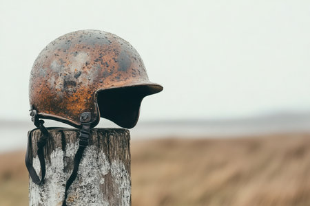 A weathered helmet, rusted and worn, balances on a rugged wooden post near a serene coastal landscape. The overcast sky casts a muted glow, suggesting a quiet moment in an area rich with history and resilience.の素材