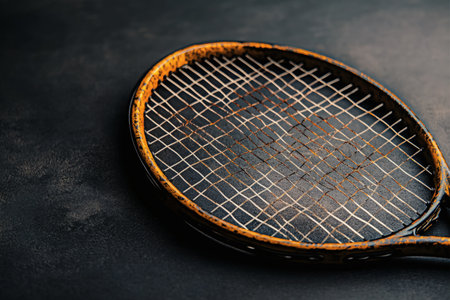 The aged tennis racket displayed against a rich dark background showcases its worn strings and well-loved frame. This nostalgic piece evokes memories of past matches, practice sessions, and sunny days on the court.の素材