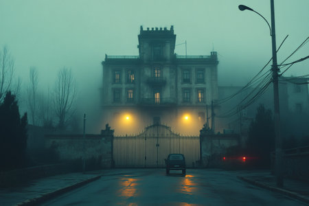 A foreboding mansion looms in the dense fog, its eerie silhouette barely visible against the dim light. Streetlights flicker nearby, casting a haunting glow on the wet pavement, creating an atmosphere of mystery and intrigue.の素材
