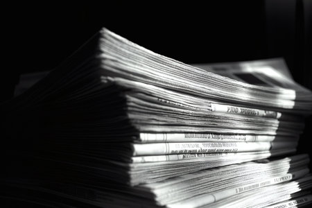 A tall stack of newspapers rests on a dark surface, reflecting soft light that highlights the texture of the pages. Each layer showcases headlines and articles, a testament to the stories that shape our world each day, inviting a moment of reflection.の素材