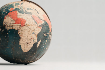 A vintage globe rests on a light background, showing faded continents and oceans. The rich colors of red and blue highlight Africa and Europe, inviting curiosity for exploration and knowledge about distant lands and cultures.の素材