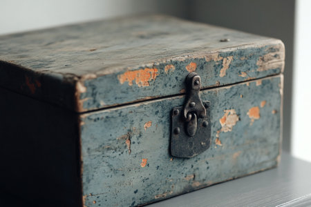 A vintage wooden box with peeling blue paint and a rustic metal latch sits quietly on a shelf. Sunlight softly illuminates its weathered surface, hinting at untold stories and forgotten treasures within this timeless piece.の素材
