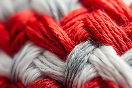 Colorful threads intertwine to form a beautiful braided pattern. The rich reds and silvery grays create a textured visual delight, showing the artistry and precision involved in textile crafts and weaving techniques.の素材