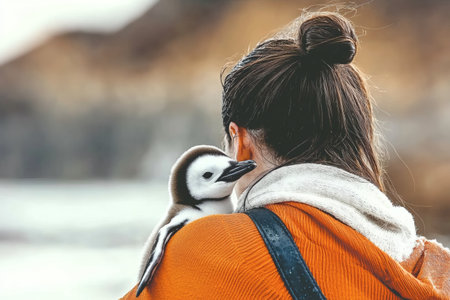 A woman in an orange sweater gently holds a young penguin on her shoulder. The natural landscape features soft ocean waves and a sandy beach in the background.の素材