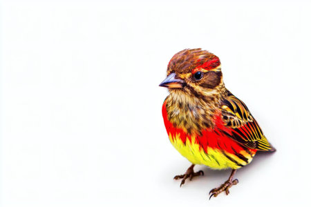 A small bird displays stunning red and yellow plumage. Its features are prominent, showing intricate patterns and a curious expression, perfect for nature enthusiasts.の素材